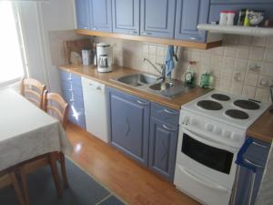 a kitchen with blue cabinets and a stove and a sink at PUUTARHAHUONEISTO CASINONSAARI in Savonlinna