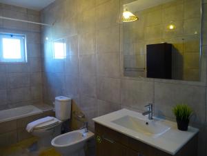 a bathroom with a toilet and a sink and a mirror at CASA DO TOMILHO by Stay in Alentejo in Vila Nova de Milfontes +10 photos