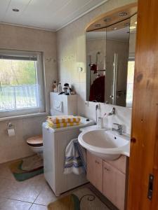 a bathroom with a sink and a toilet and a mirror at Idyllisches Gartenhaus 