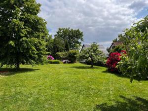 a yard with green grass and trees and flowers at Idyllisches Gartenhaus 