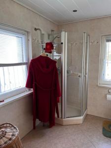 a bathroom with a shower and a red robe at Idyllisches Gartenhaus 