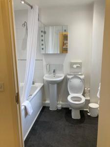 a white bathroom with a toilet and a sink at Dashwood Apartments in Banbury