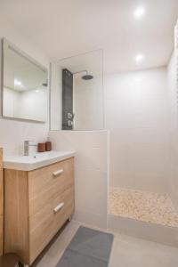 La salle de bains est pourvue d'une douche, d'un lavabo et d'un miroir. dans l'établissement Magnifique appartement rénové, à Aix-en-Provence