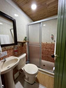 uma casa de banho com um chuveiro, um WC e um lavatório. em Finca Hotel Sol Y Luna em Calarcá
