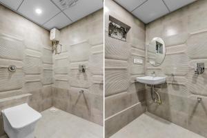 two pictures of a bathroom with a toilet and a sink at OYO Hotel Grand View in Surat