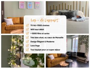 a collage of photos of a living room with a sign at Appartement Cosy Centre ville Marseille wifi in Marseille