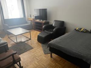 un soggiorno con letto, sedia e divano di Hyvällä sijainnilla iso kaksio Hervannassa a Tampere