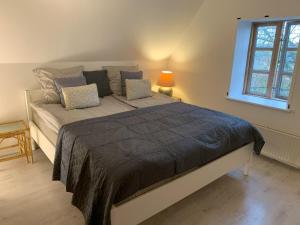 duże łóżko w pokoju z oknem w obiekcie Bed & Breakfast “Den Gamle Lade I Hejls” w mieście Hejls