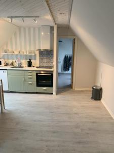 a kitchen with a stove and a counter top at Bed & Breakfast “Den Gamle Lade I Hejls” in Hejls