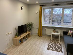 a living room with a couch and a tv at Ziemeļblāzma in Rīga