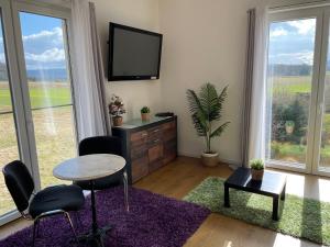 ein Wohnzimmer mit einem TV, einem Tisch und Stühlen in der Unterkunft Schöne Unterkunft in Gottmadingen