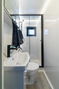 a white bathroom with a toilet and a sink at TRAUMZEITBOOT2 auf dem Scharmützelsee Bad Saarow in Bad Saarow