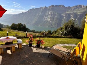 um pátio com uma mesa e cadeiras e vista para uma montanha em Bijouswiss " Yellow House" em Oberterzen