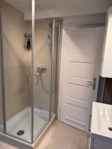 y baño con ducha y puerta de cristal. en Suite modern für 6 Aalen WLAN Netflix, en Aalen