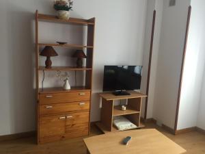 Habitación con TV y vestidor con tocador de madera en Apartamentos San Pelayo, en Cangas de Onís
