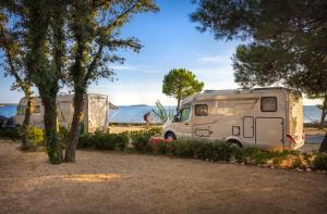 罗维尼Maistra Camping Polari Pitches的两辆房车停在水边，旁边还有树