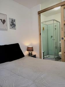 a bedroom with a bed and a glass shower at Abrivado Appartements meublés dans une grande propriété en rez de jardin in Aimargues