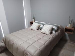 a bed in a room with two pillows on it at 356 Apartments - in Mendoza