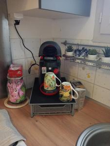 uma máquina de café sentada numa mesa numa cozinha em Studio Marie em Belbeuf