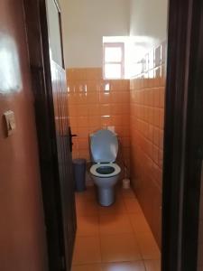 a bathroom with a toilet in a room with orange tiles at Gite chez Ali Agouti Maison Berbère in Idoukaln
