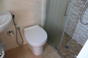 a small bathroom with a toilet and a shower at Hotel Barca D'Oro in Bellaria-Igea Marina