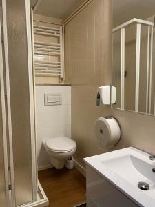 a small bathroom with a toilet and a sink at HOSTAL GALICIA CARDEDEU in Cardedeu