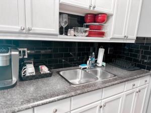 a kitchen counter with a sink and a microwave at Etherington Suites in Elora