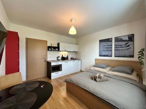 a bedroom with two beds and a table and a kitchen at Cozy studio apartment in the wider center in Nivy