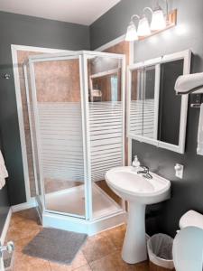 a bathroom with a shower and a sink at Etherington Suites in Elora