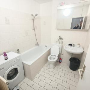 uma casa de banho com um WC, um lavatório e uma máquina de lavar roupa em FMI29,4Zimmer Accommodation em Raunheim