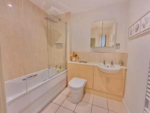 a bathroom with a toilet and a sink and a shower at Riverview Apartment in Cardiff