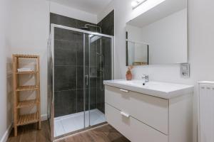 uma casa de banho com um lavatório e um chuveiro em Pleasant apartment on top location in Ghent em Gent