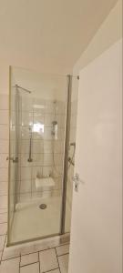 een badkamer met een douche en een wastafel bij Monteurwohnung Walter in Leipzig