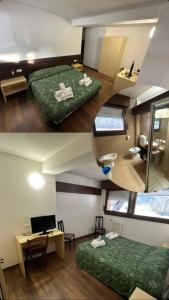 2 fotos de una habitación con 2 camas y escritorio en Hotel la Rosa, en Tolmezzo