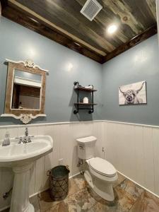 a bathroom with a white toilet and a sink at Elegant Country Cottage in Caldwell Crossing +41 photos