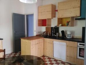 a kitchen with wooden cabinets and a counter top at Maison dans un mas le Moulin Piot in Bellegarde