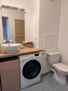 W łazience znajduje się toaleta, umywalka i pralka. w obiekcie Appartement 2 pièces Bois d’Arcy w mieście Bois-dʼArcy