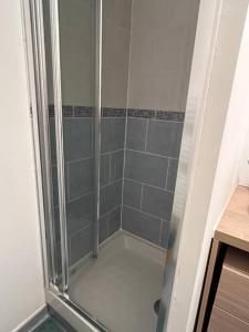W łazience znajduje się prysznic ze szklanymi drzwiami. w obiekcie Appartement 2 pièces Bois d’Arcy w mieście Bois-dʼArcy