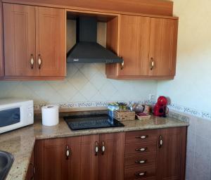 uma cozinha com armários de madeira e um forno com placa de fogão em Mirador de la cueva em Enguídanos