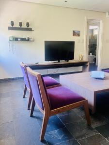 a living room with a table and a tv at La Sofia Apart & Wines in Mendoza