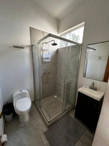 a bathroom with a shower and a toilet and a sink at Experiencia en la playa para 16 personas in Puerto Arista