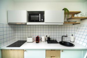 a kitchen counter with a sink and a microwave at Studio - Alma in Le Havre +9 photos