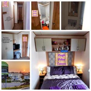a collage of four pictures of a bedroom and a bed at Purple Palace 3-Bed Caravan Ingoldmells in Ingoldmells