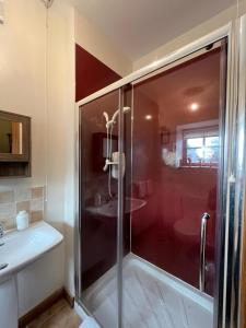 um chuveiro com uma porta de vidro na casa de banho em Minnie’s Cottage 
