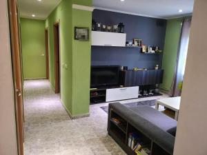 a living room with green walls and a flat screen tv at 2 bedrooms apartement with wifi at Barbastro in Barbastro