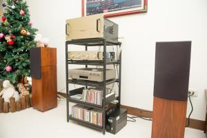 un soggiorno con un albero di Natale e una libreria di Zhileju Homestay a Città di Hualien