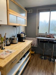 uma cozinha com um balcão de madeira e um lavatório em The Place to Be em Le Blanc-Mesnil