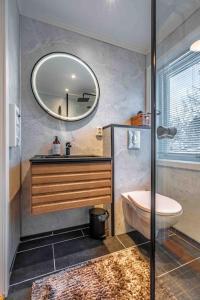 a bathroom with a toilet and a mirror at Reine Fishermans House - Mountain & Seaview in Reine