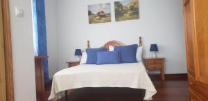 a bedroom with a bed with blue pillows at hospedaje casa milagros in Santillana del Mar