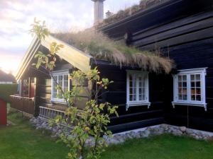 ein schwarzes Haus mit einem Grasdach und zwei Fenstern in der Unterkunft Tømmerhus nær Tusenfryd utenfor Oslo. in Ås